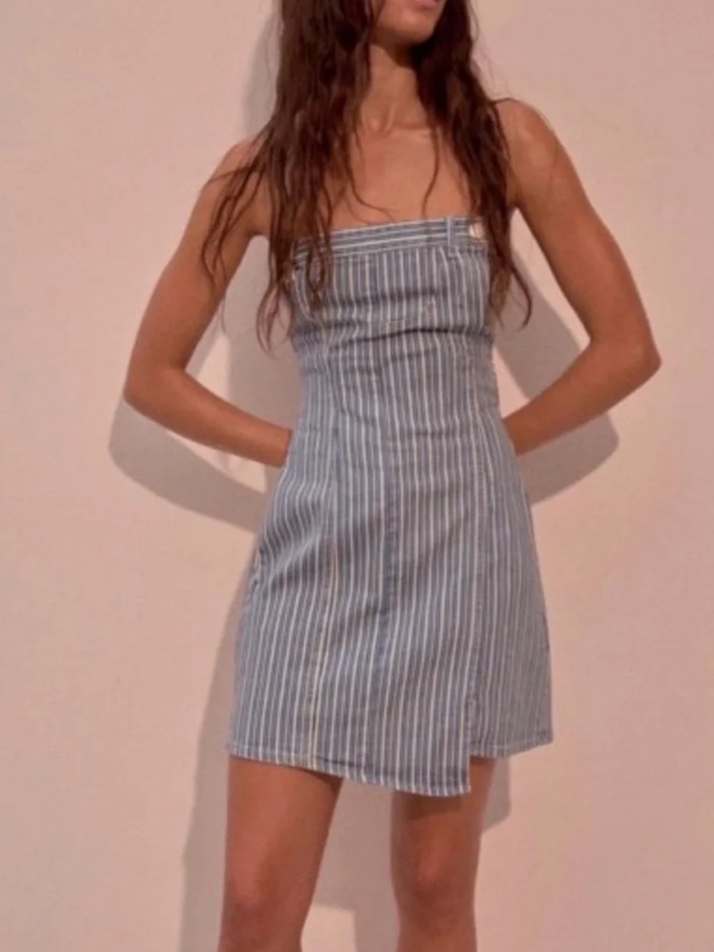 Zara Denim Striped Strapless Mini Dress - Picture 2 of 3